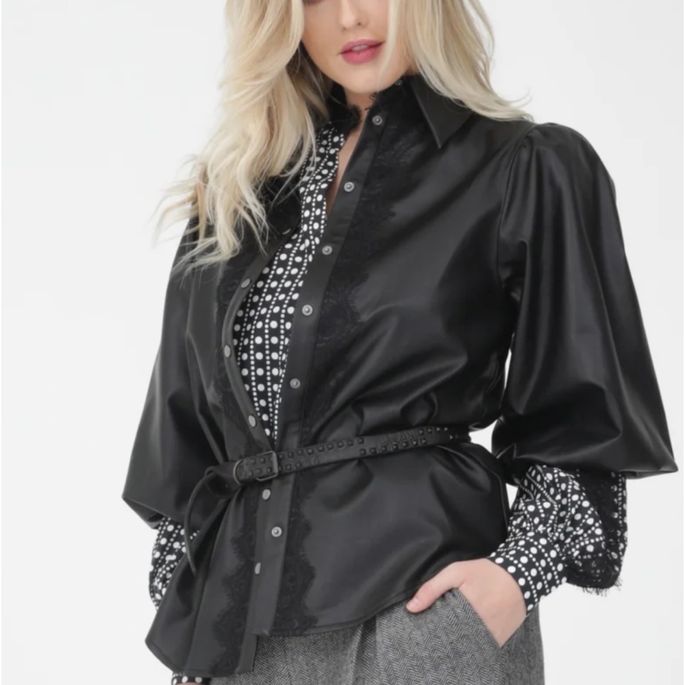 Gold Hawk Faux Leather Balloon Sleeve Shirt